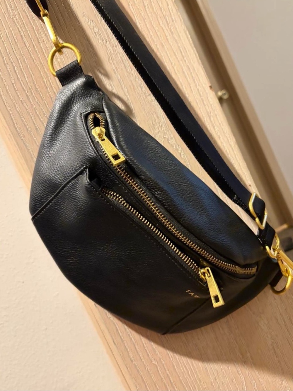 Fawn Design Black Leather Crossbody Belt Bag with Gold Hardware